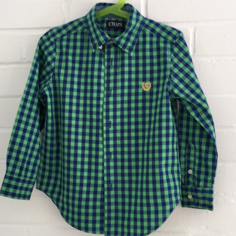 Classic Preppy Boys Navy Blue/Kelly Green Chaps Checkered Button-Down Size 5